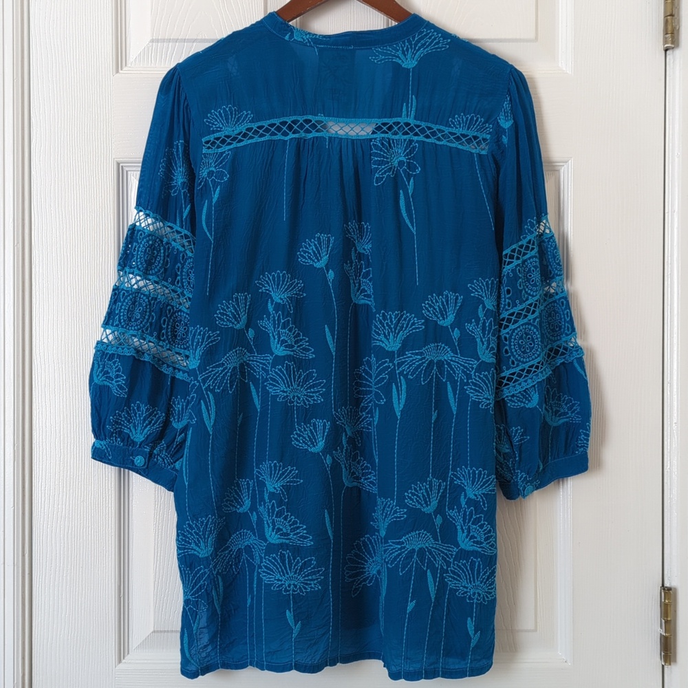 Johnny Was Daisy Peia Boho Floral Embroidered Cupra Rayon Tunic Blouse Blue S - Picture 10 of 12